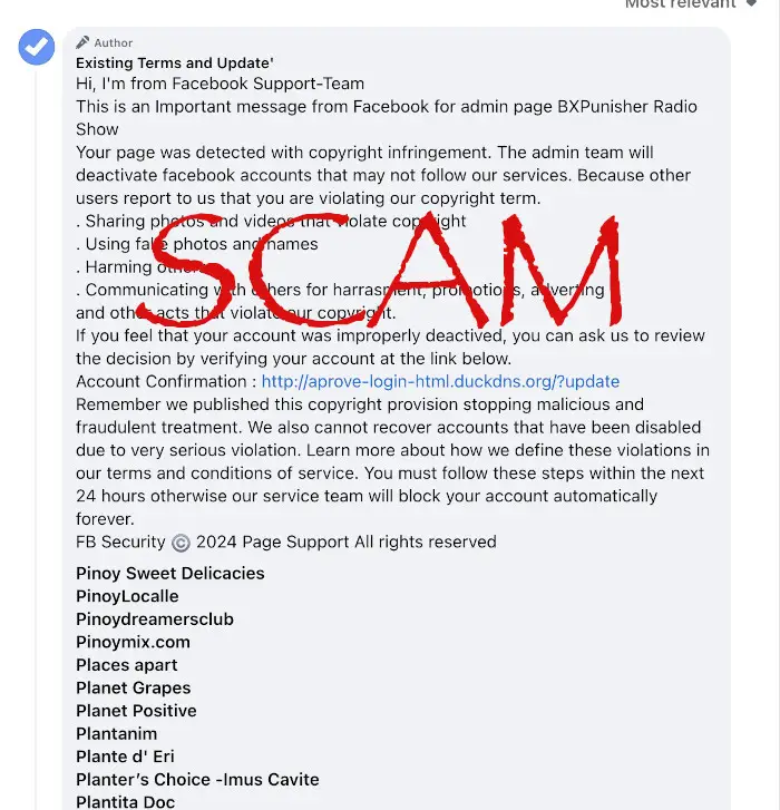 Existing Terms and Update scam message