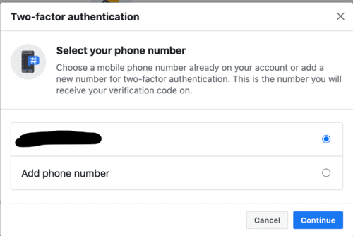 Facebook 2FA Select your phone number