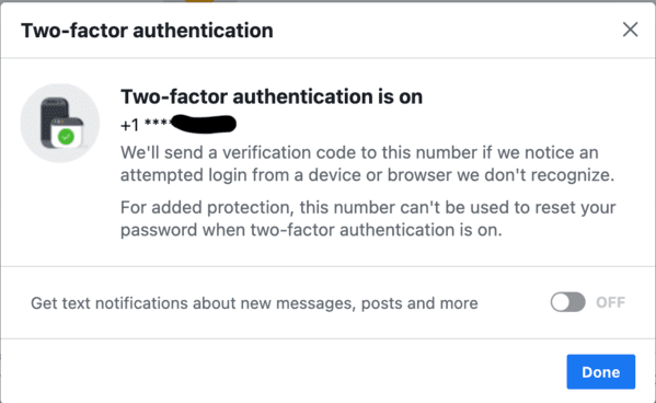 Facebook 2FA 6-digit confirmation page