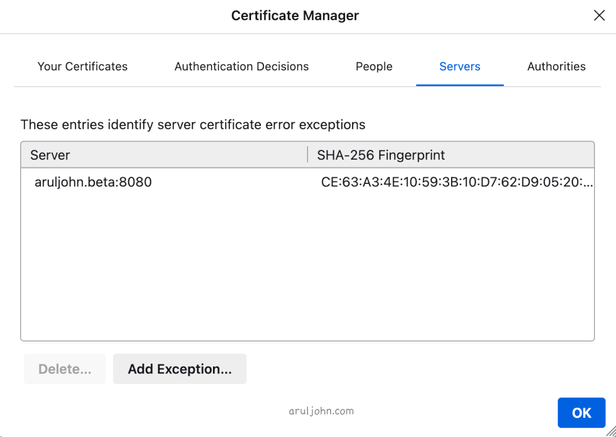 Firefox Certificate Manager - List of Websites