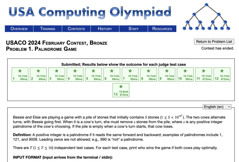 USACO Palindrome Game Problem USACO Palindrome Game Problem